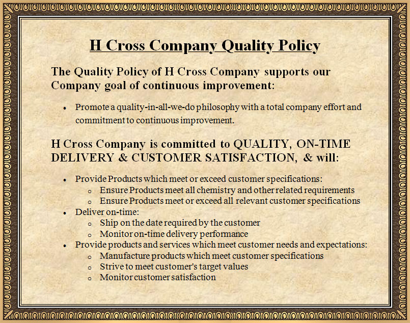 H Cross Company ISO 9001 Quality Policy