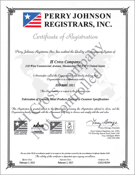 H. Cross Company ISO 9001 Certificate of Registration 2022 - 2025